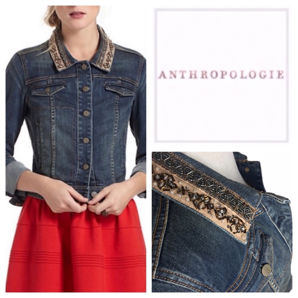 Anthropologie Jean Jacket with Beaded Collar